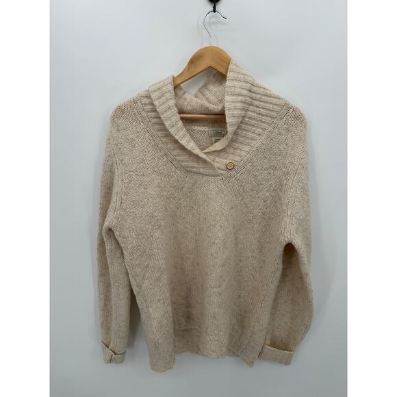 L.L Bean Sweater Women Medium Tan Cream Shawl Neck Pullover Knit Wool Blend - Picture 1 of 7